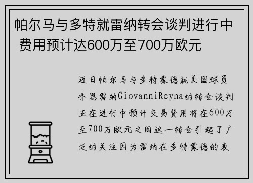 帕尔马与多特就雷纳转会谈判进行中 费用预计达600万至700万欧元