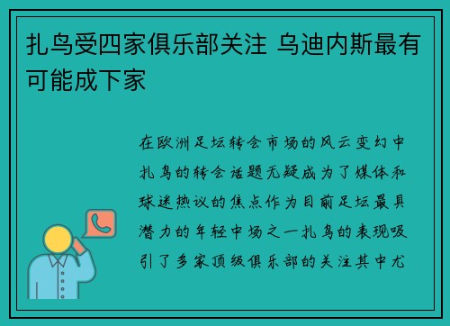 扎鸟受四家俱乐部关注 乌迪内斯最有可能成下家 扎鸟受四家俱乐部关注 乌迪内斯最有可能成下家