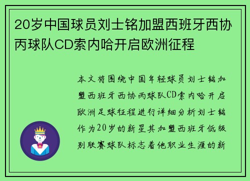 20岁中国球员刘士铭加盟西班牙西协丙球队CD索内哈开启欧洲征程 20岁中国球员刘士铭加盟西班牙西协丙球队CD索内哈开启欧洲征程