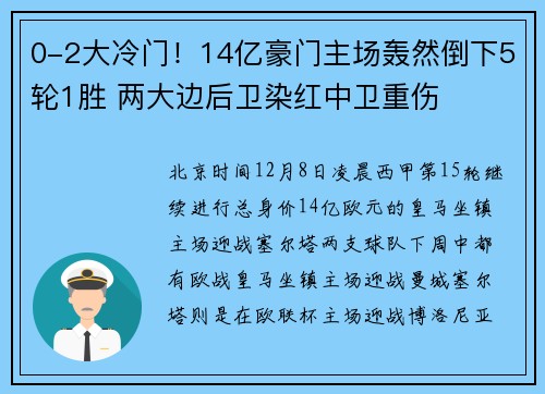 0-2大冷门！14亿豪门主场轰然倒下5轮1胜 两大边后卫染红中卫重伤